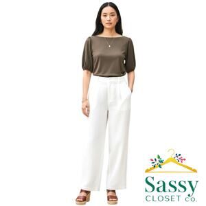 HM Taupe Brown Puff Sleeve Top Small S Elastic Cuff Round Neck Blouse Stretch